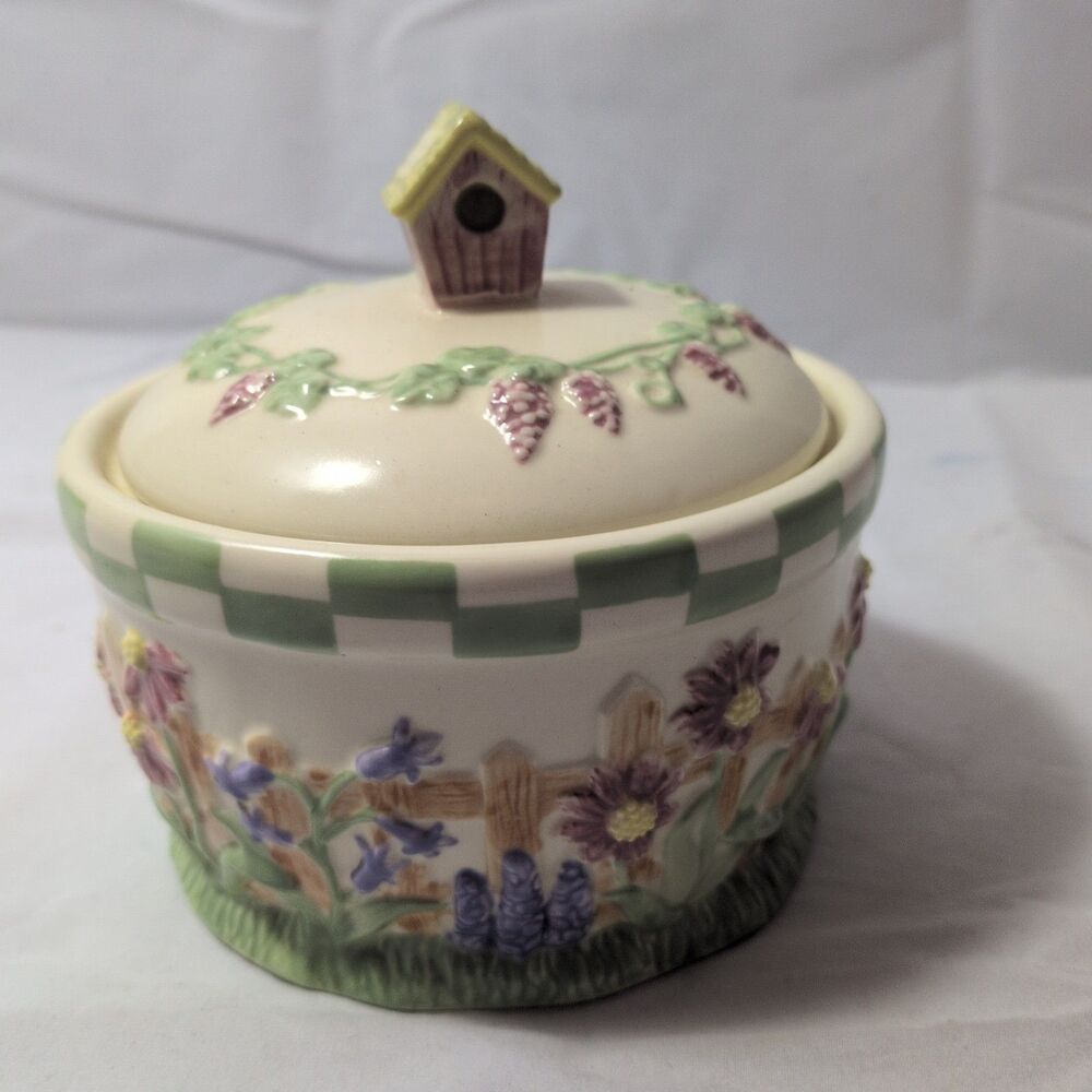 Vintage Summer Living Ceramic Lidded Sugar Bowl, Cottagecore Garden Fence...